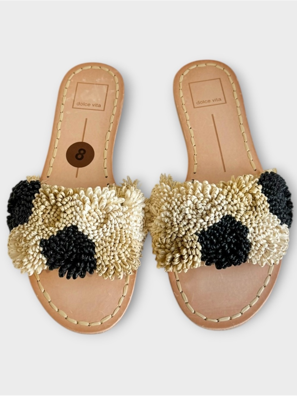New! Dolce Vita Danela Black & Tan Raffia Pom Slide Sandals Sz 8